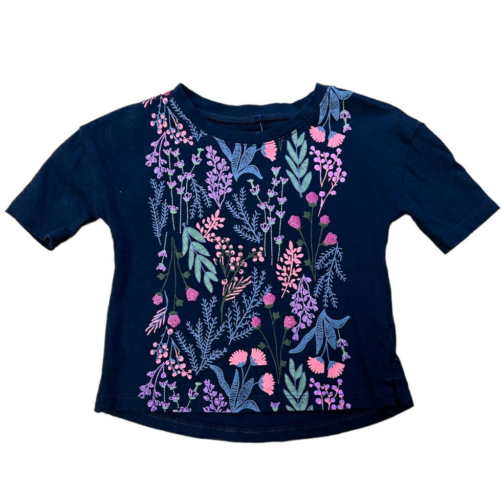 OshKosh Baby Girl Size 6 Months Navy Shimmery Floral Print Short Sleeve Shirt