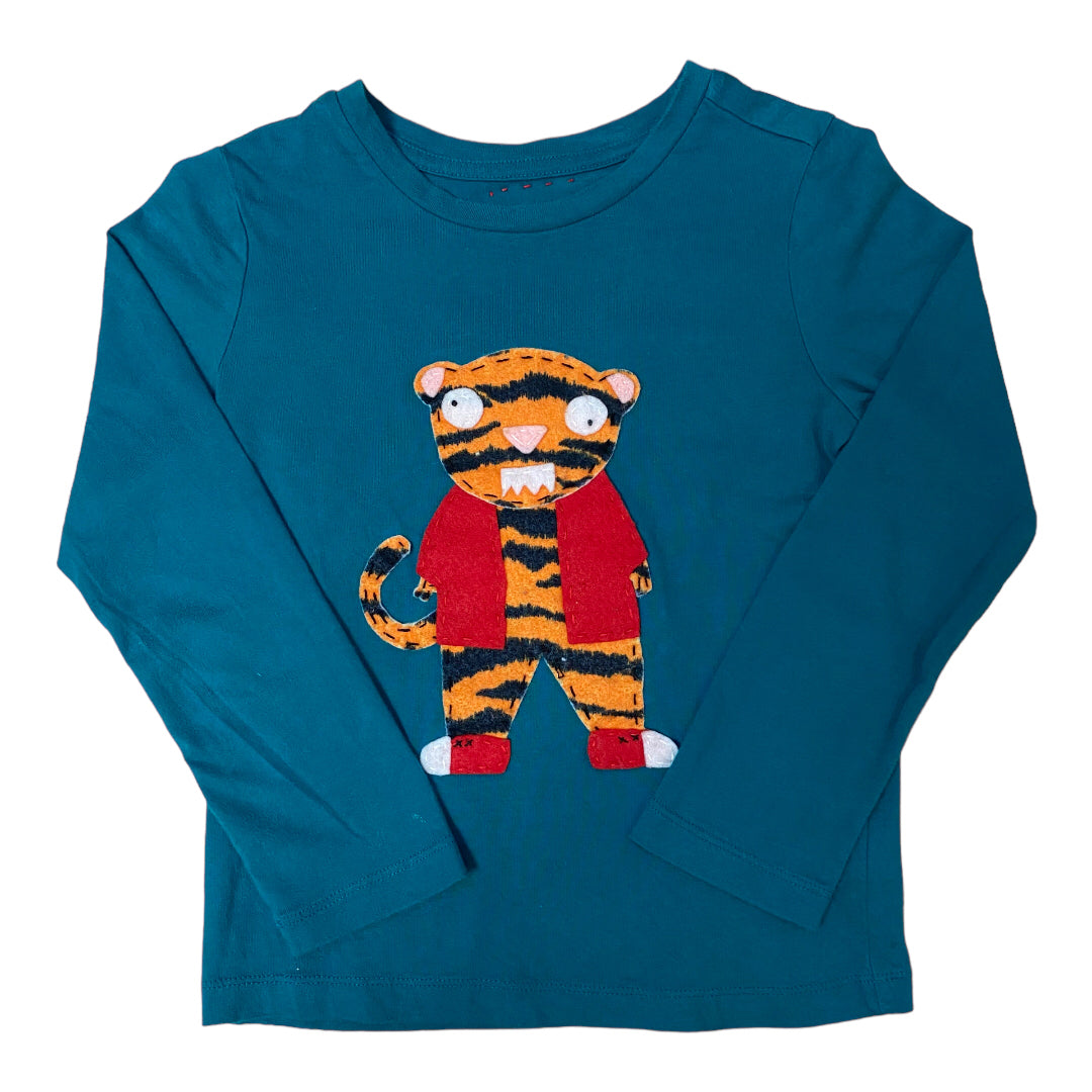 Boys Size 4/5 Stitched Tiger Teal Blue Long Sleeve Shirt