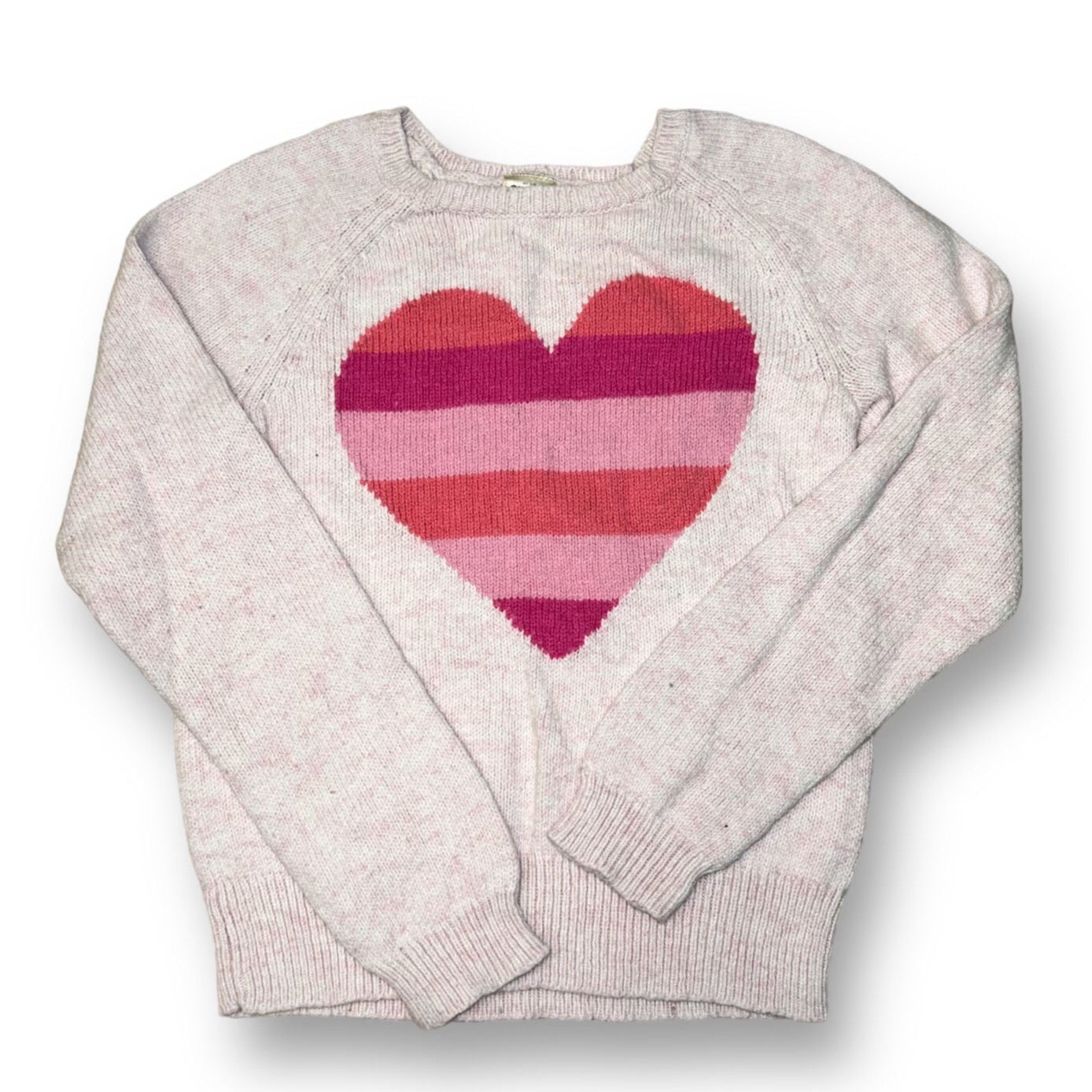 A pink and purple striped heart-shaped sweater for girls, with a crew neckline and long sleeves.
