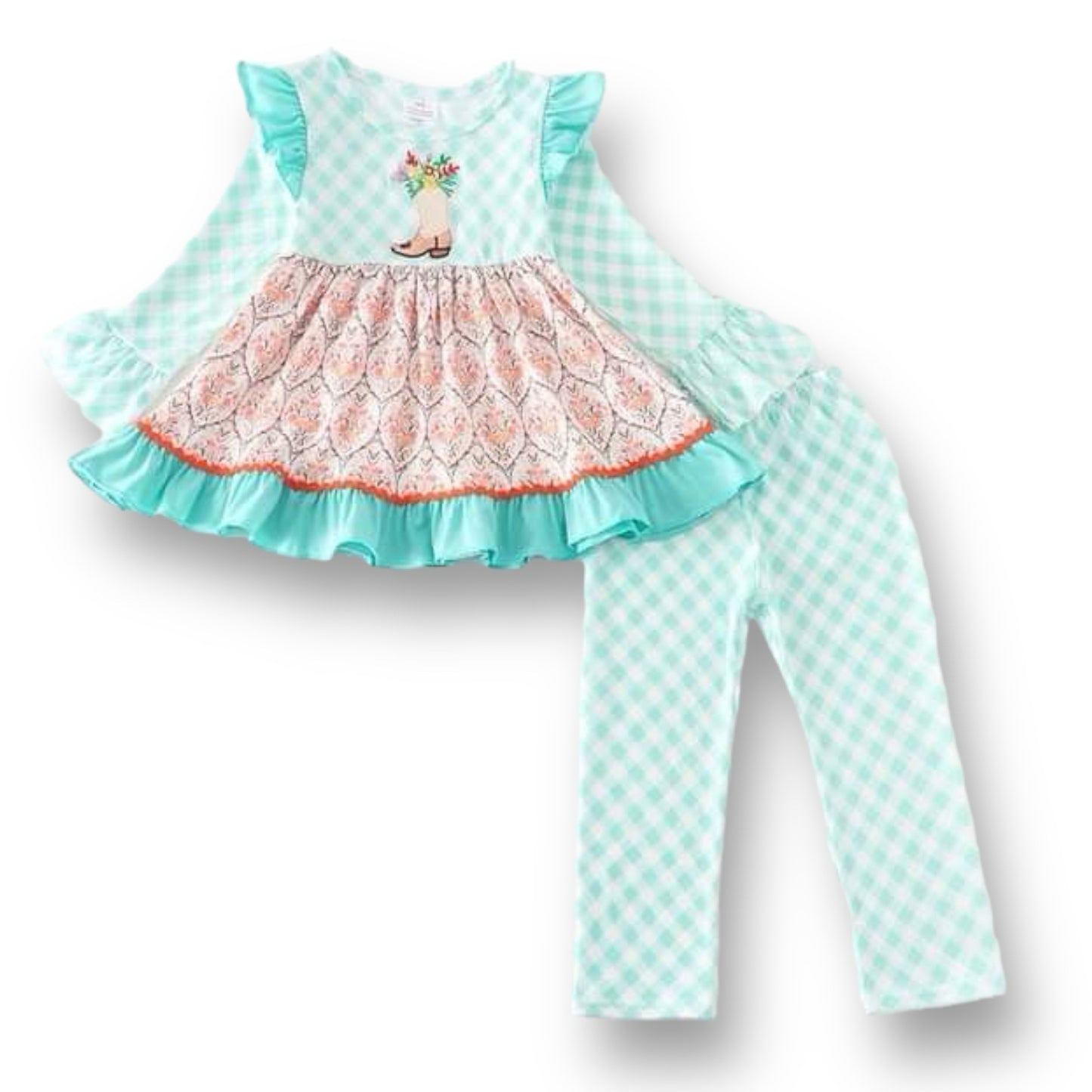 NEW! Girls Size 4 Boutique Outfit Checkered Cowgirl 2pc with Boot Applique