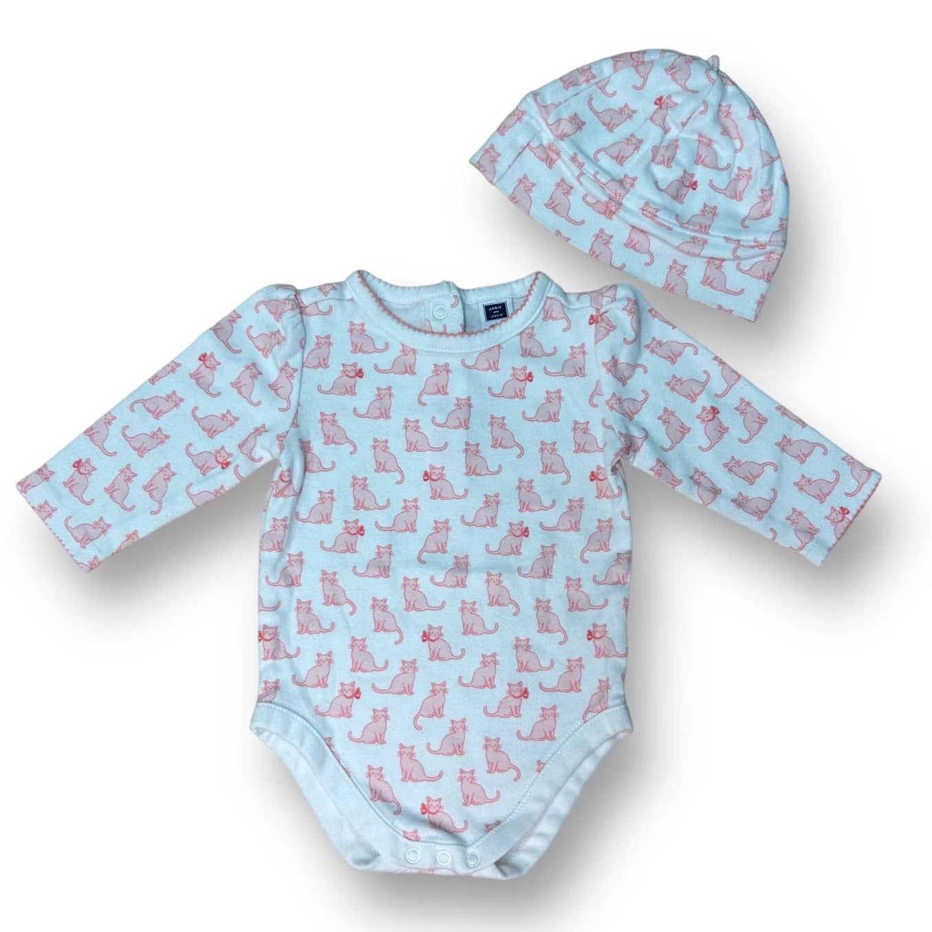 Janie and Jack Girls Size 3-6 Months Outfit Pink Kitties Bodysuit and Hat