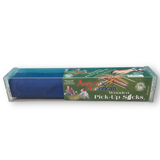 Packaging of an Authentic American Wooden Pick-Up Sticks Game with a blue box and green label featuring an illustration of a stick figure.