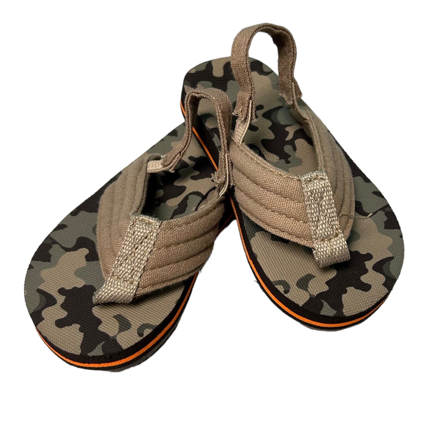 A pair of toddler boy size 5/6 brown camouflage sandals with orange straps.