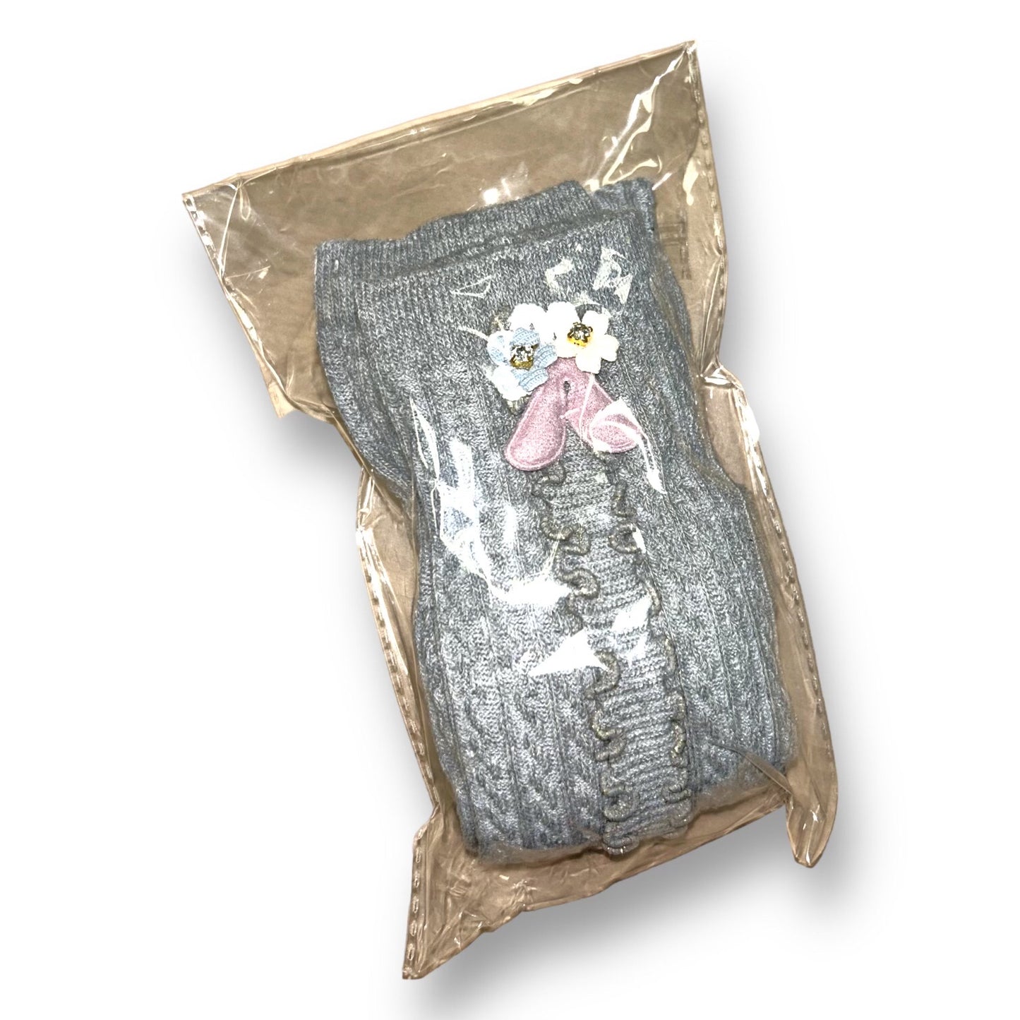 NEW! Toddler Girl Size 12-24 Months Gray Knit Tights with Floral Embellishments