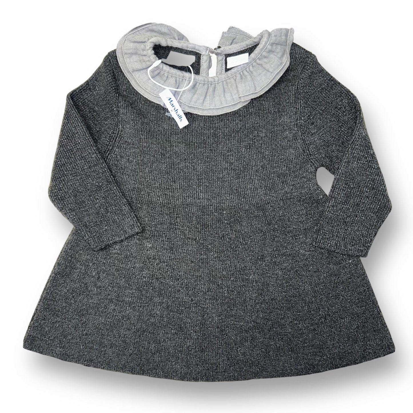 NEW! Zara Baby Girls Size 6-9 Months Gray Knit Sweater Dress with Ruffled Collar