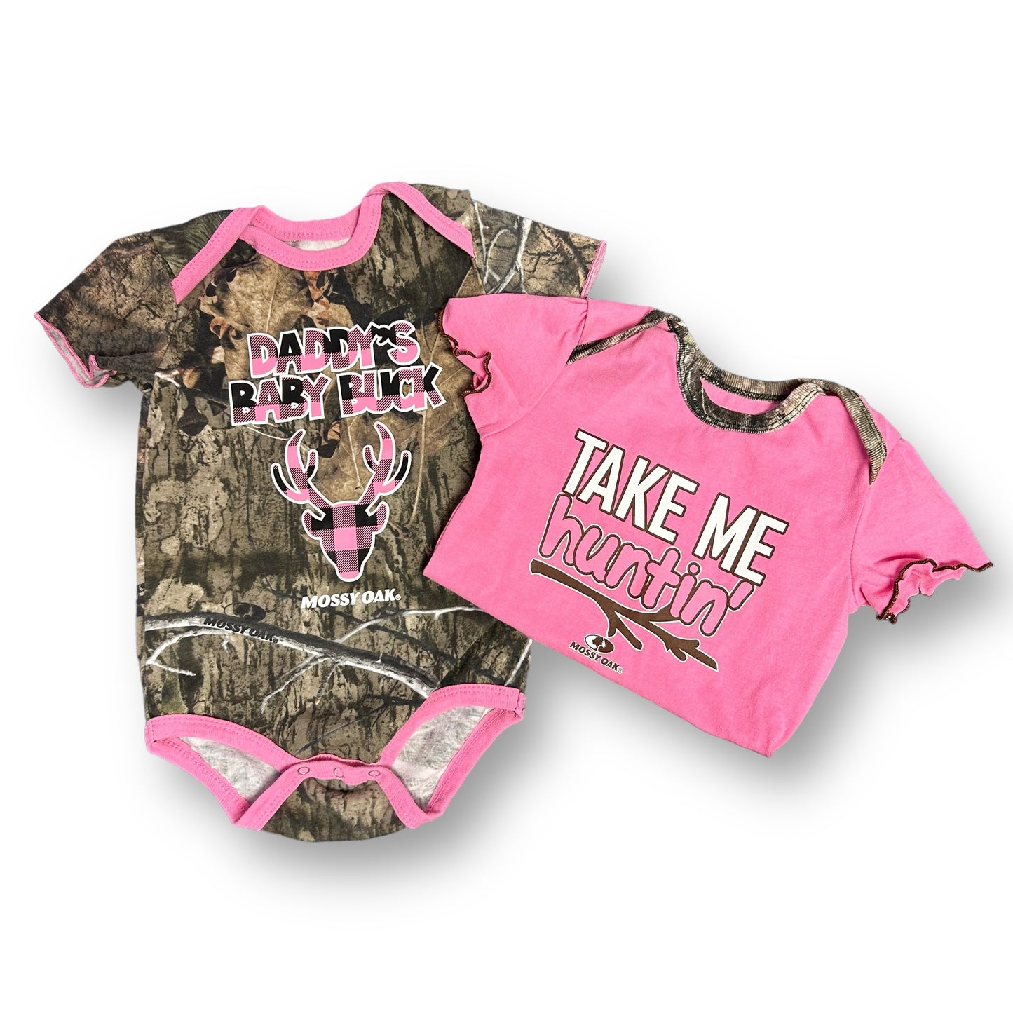 Girls' two-piece hunter green and pink camouflage romper set with long sleeves, displayed flat.