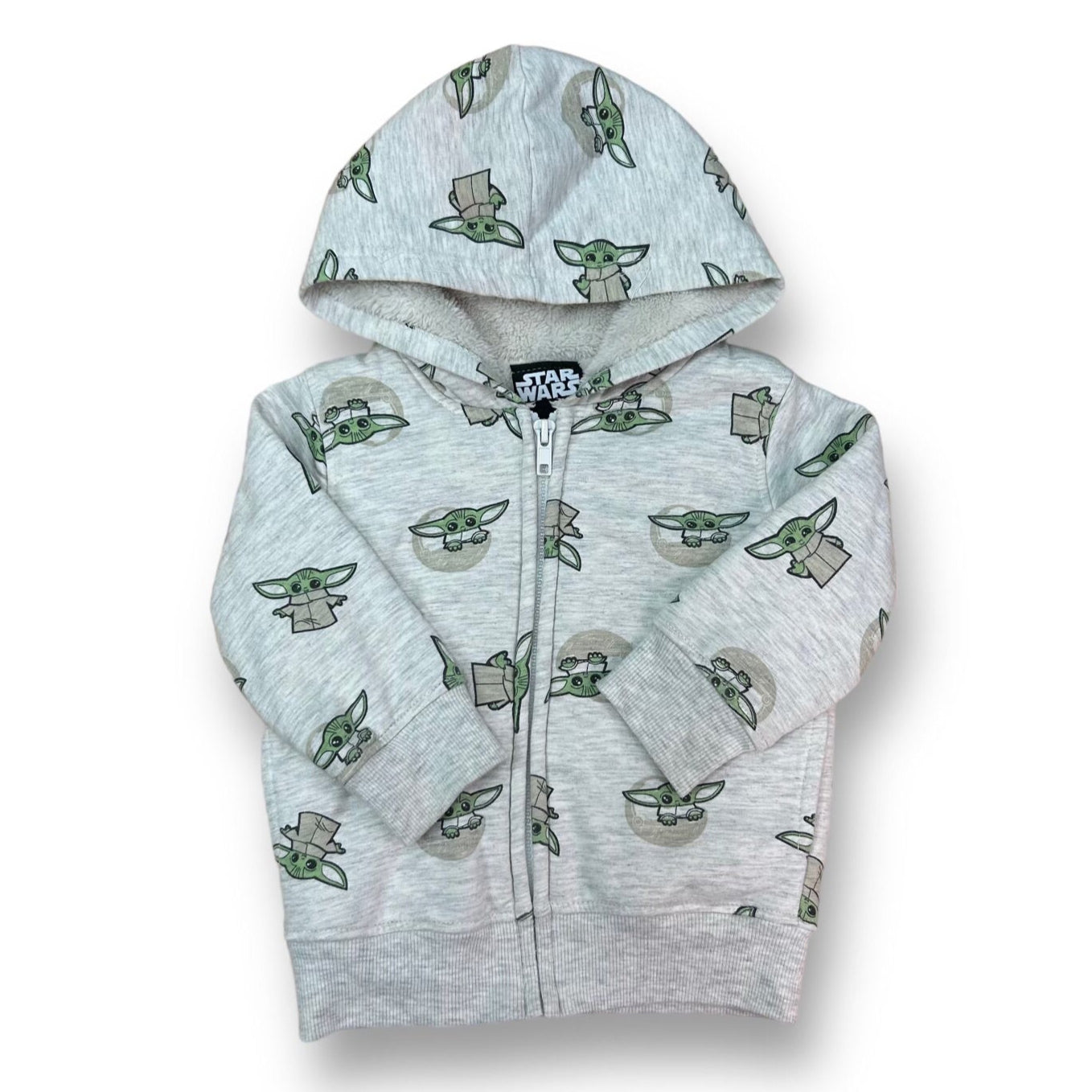 A gray fleece-lined hoodie jacket for boys with a Star Wars pattern, featuring character silhouettes and text graphics.
