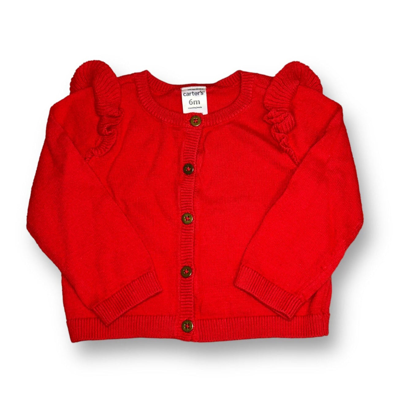 A red cardigan sweater for girls, with a round neckline and long sleeves.