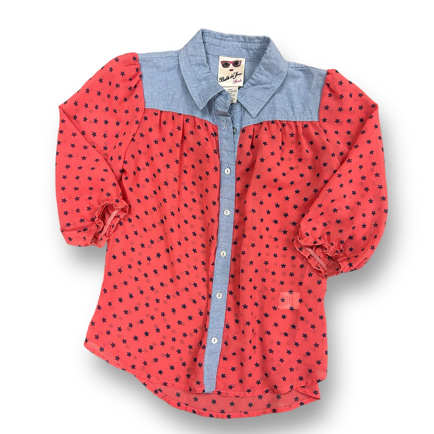 Belle du Jour Girls Size 7/8 Pink Star Print Button Blouse with Denim Collar