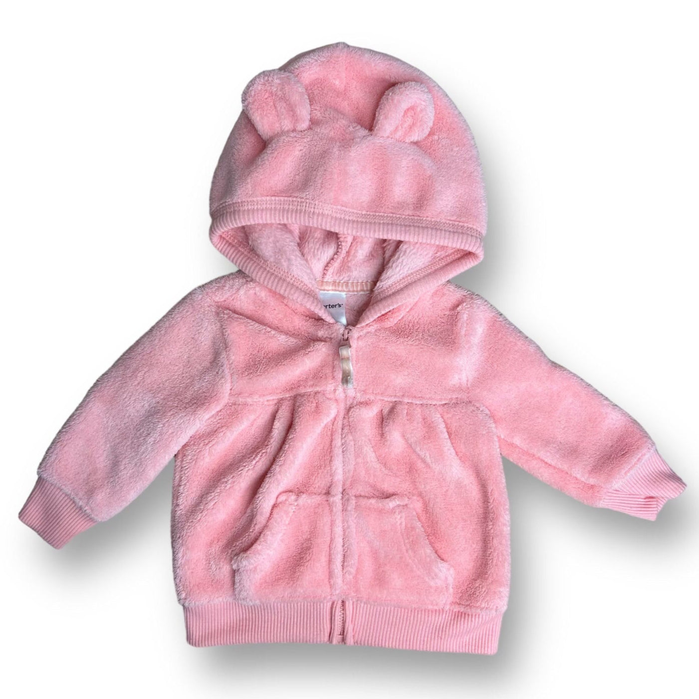 A peach-colored faux fur teddy bear hoodie for girls, with a hood and long sleeves, designed for 3 months old.