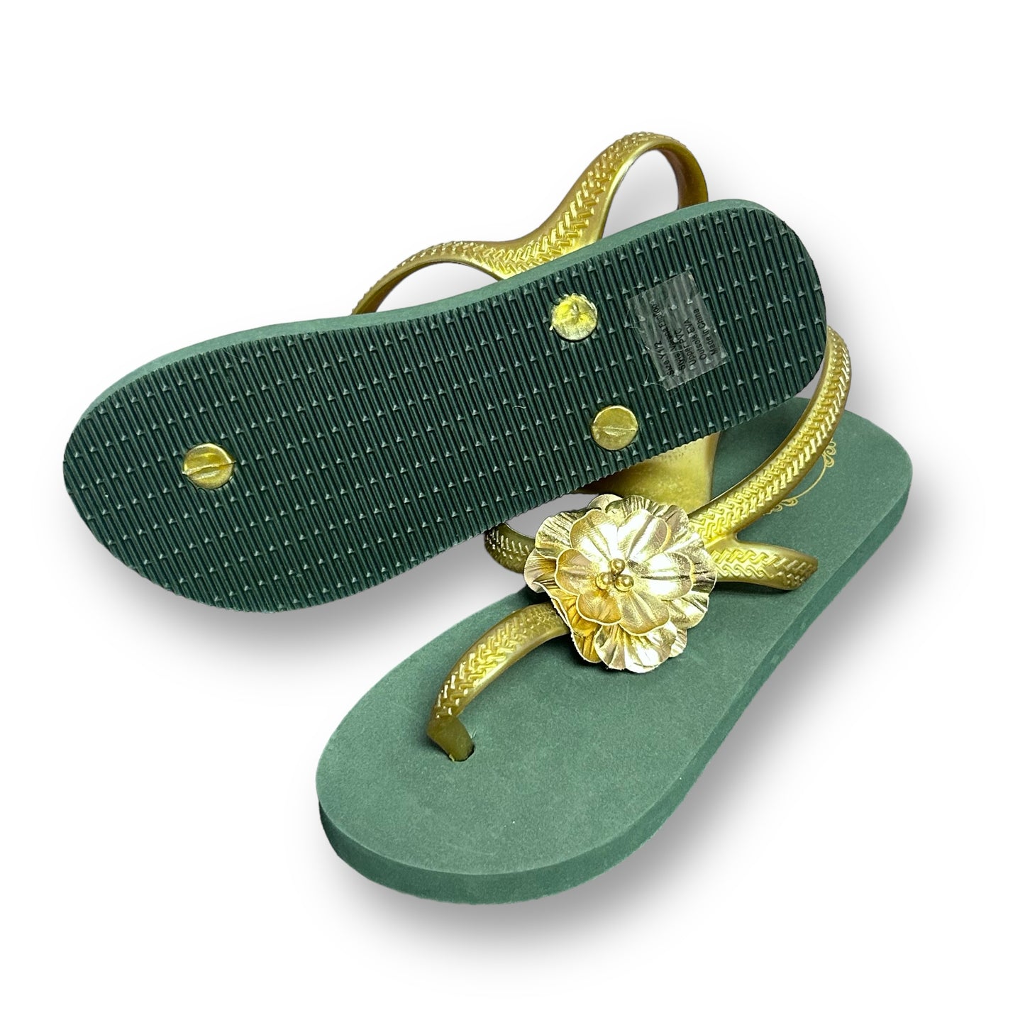 NEW! Joyfolie Sandals Girls Size 1-2 Youth Green and Gold Thong Flip Flops