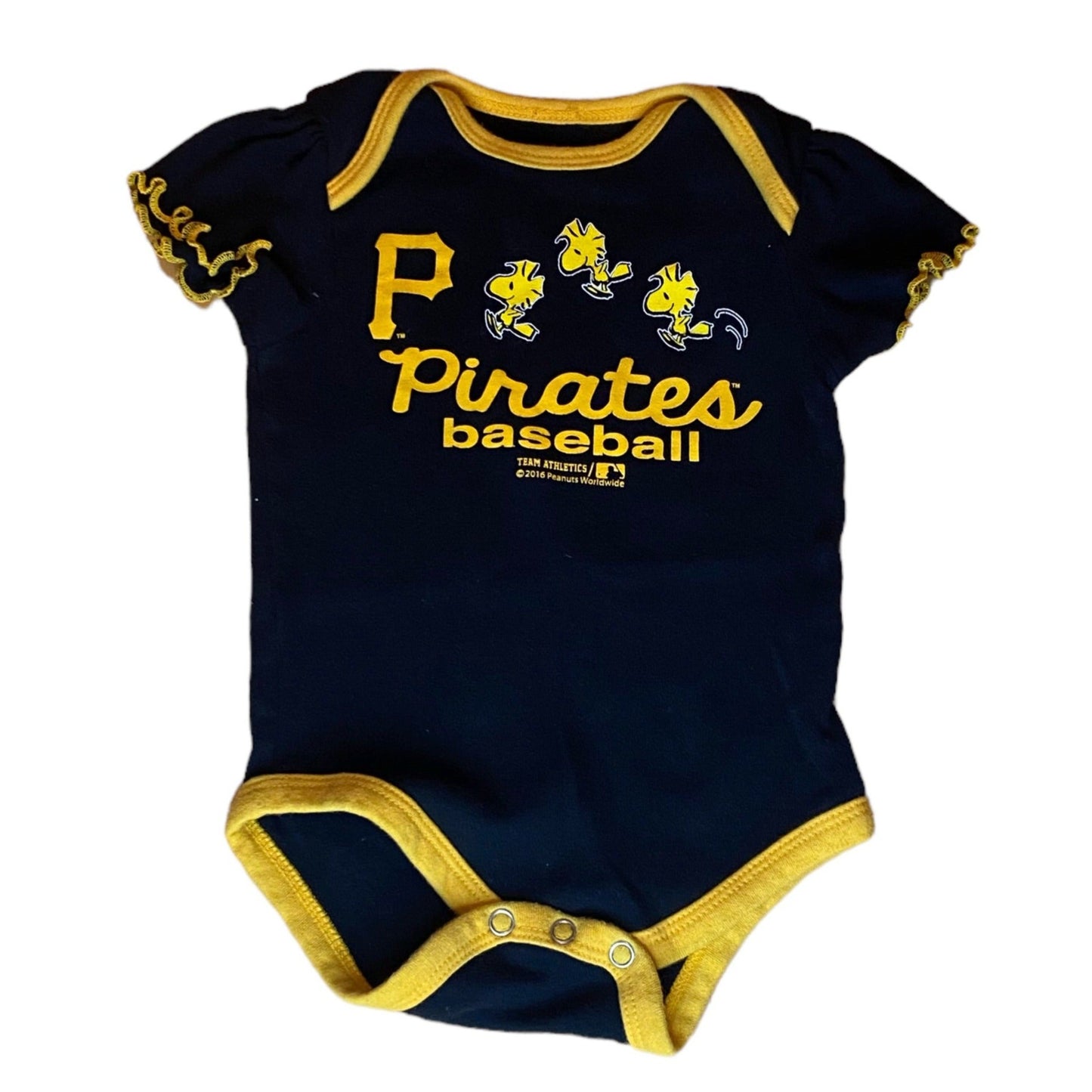 Girls black romper with MLB Pirates Baseball logo and the text 'Pirates Baseball' on the front.