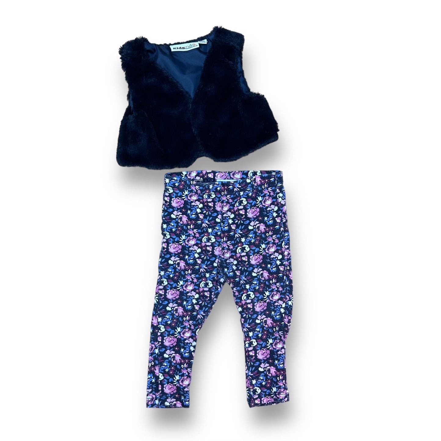 Girls Toddler Size 2T Outfit Navy Faux Fur Vest & Floral Legging Pants Set
