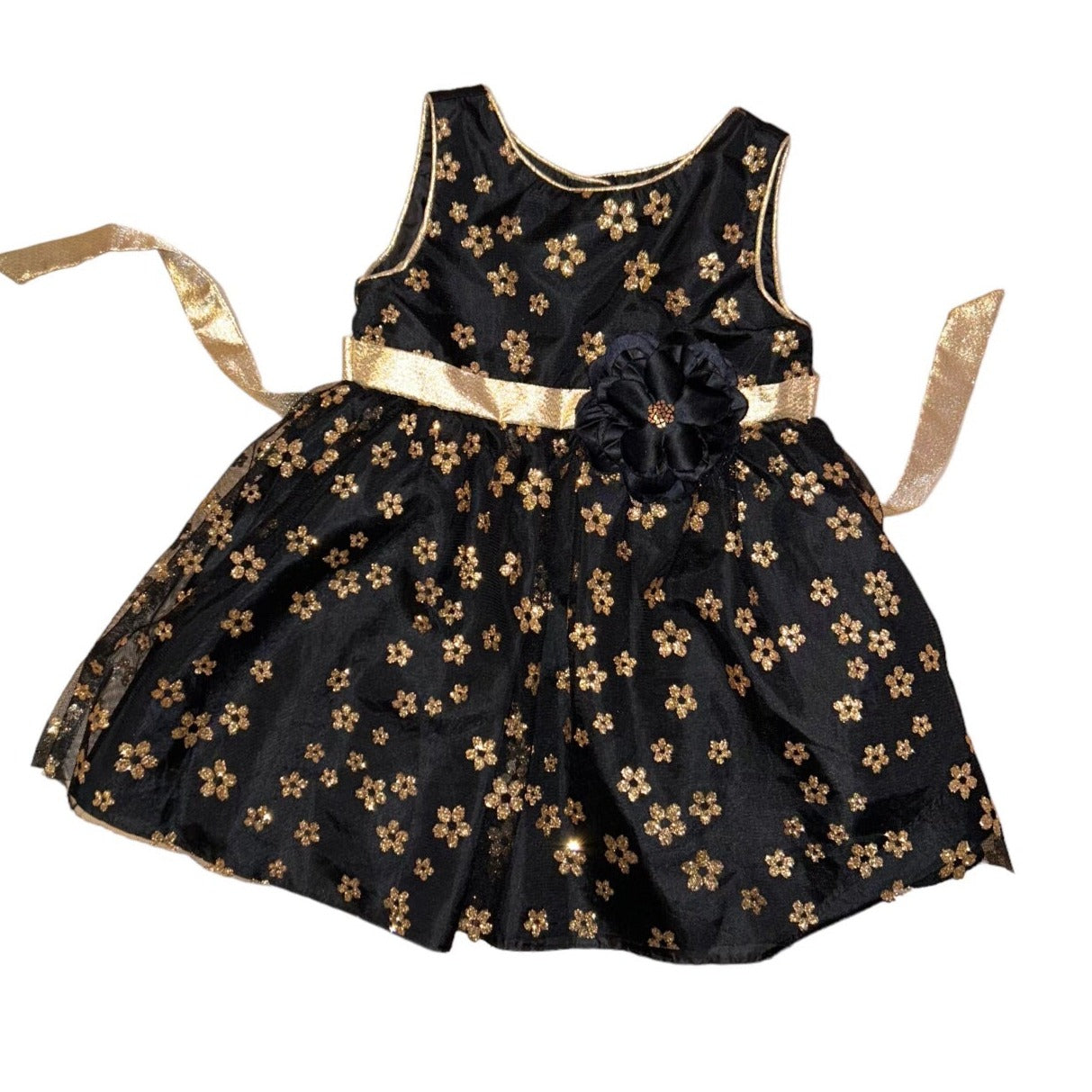 Youngland Girls Size 2T Black and Gold Shimmer Tulle Overlay Sleeveless Dress