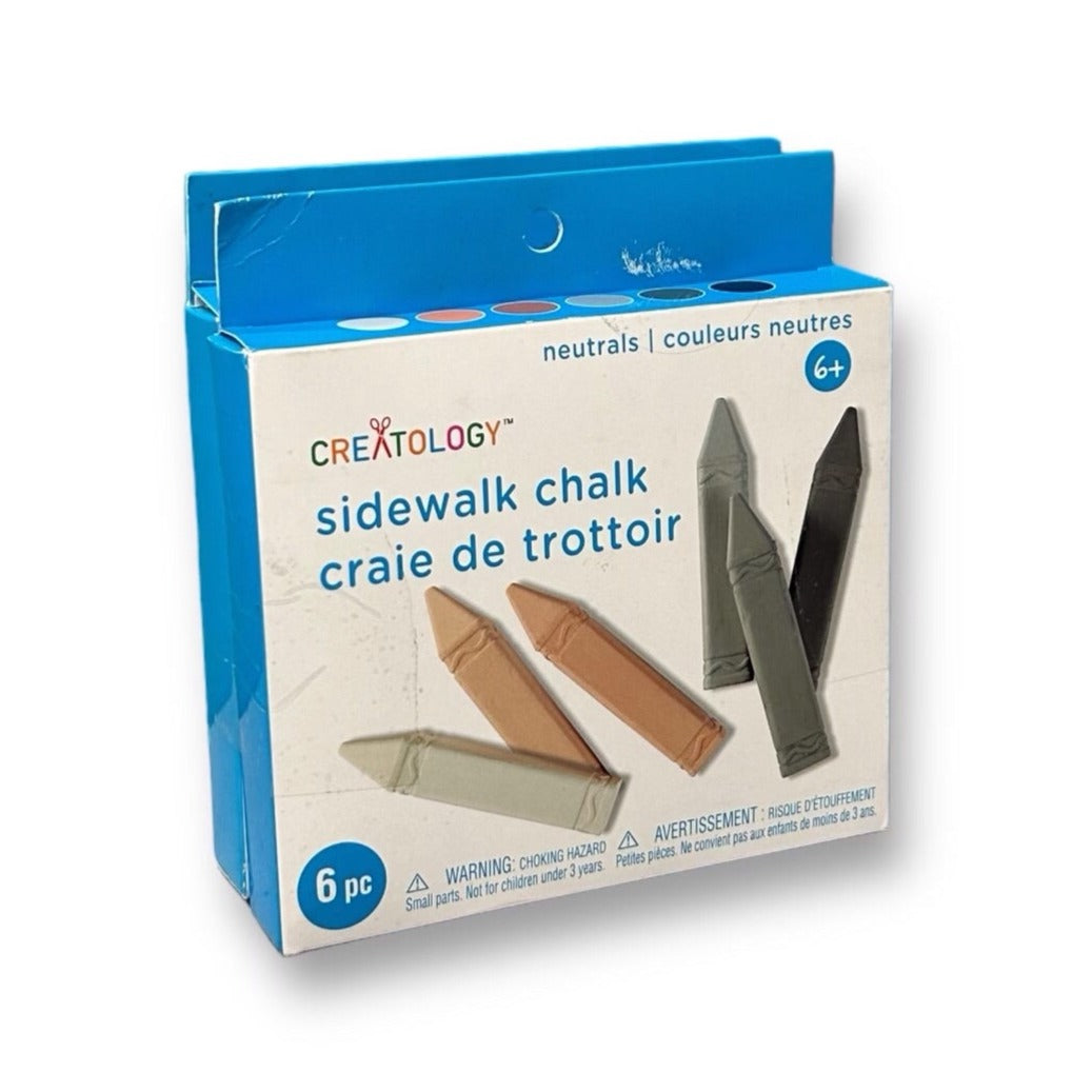 Packaging of Creatology Sidewalk Chalk with six pieces shown in different colors including beige, black, gray, green, pink, and white.