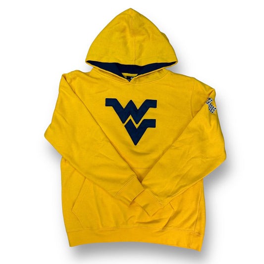 Youth-sized gold hoodie with the West Virginia University logo in blue on the front.