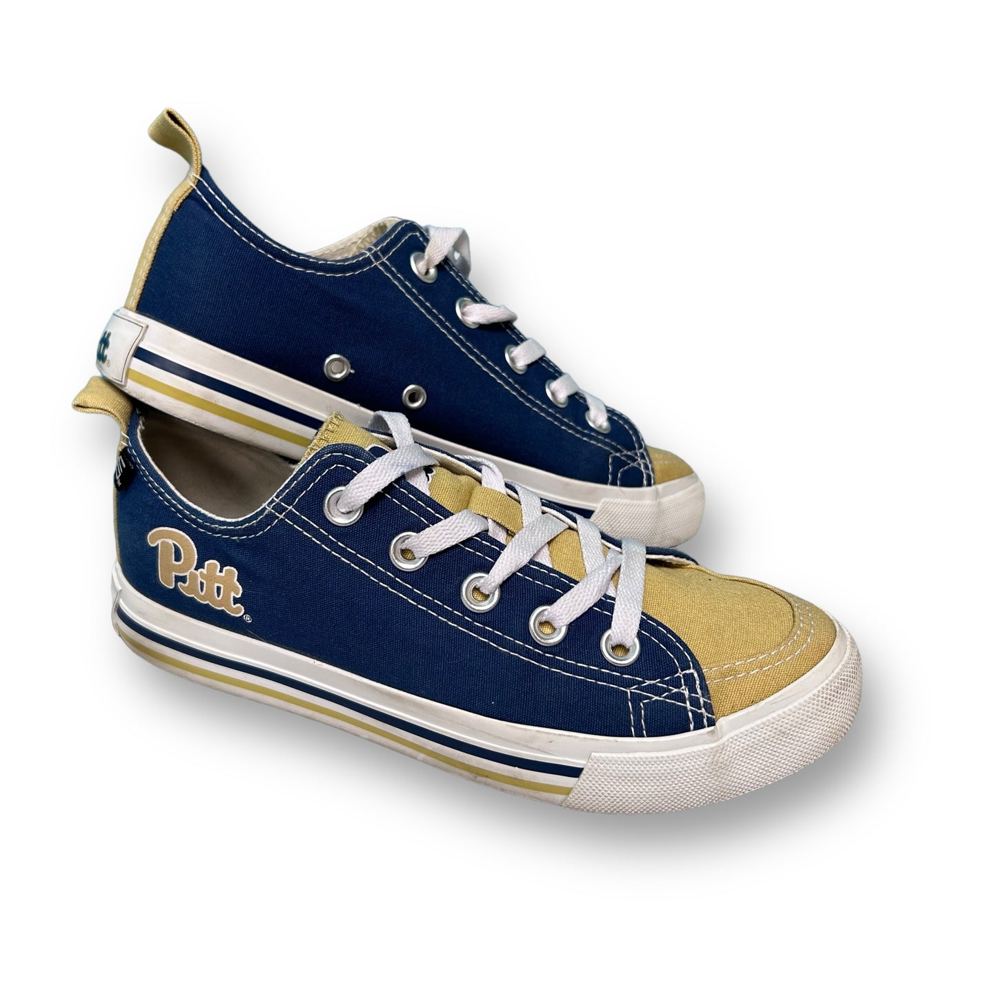 A pair of PITT Panthers women's size 6 college football fan sneakers in blue and gold colors with white laces.
