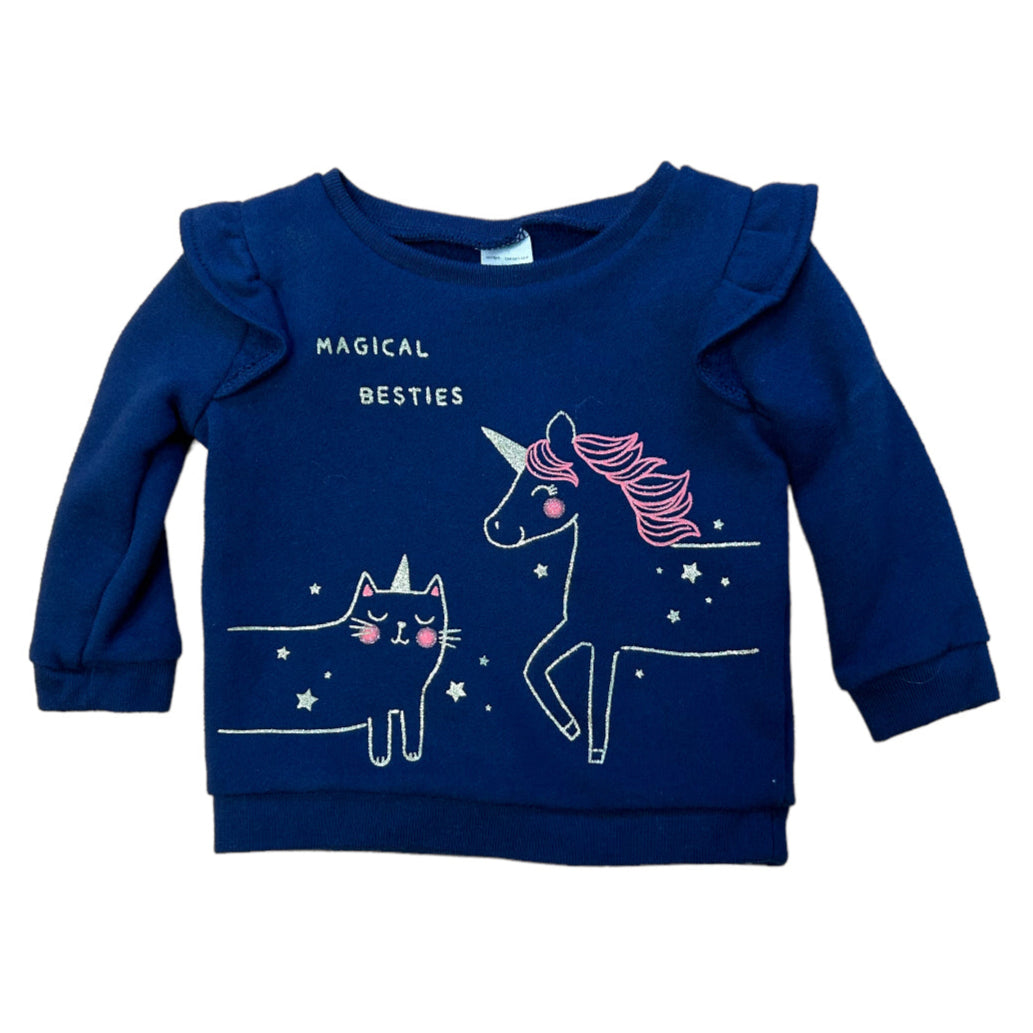 Carter's Baby Girl 6 Months Navy Unicorn Ruffled Shoulder Pullover Sweatshirt