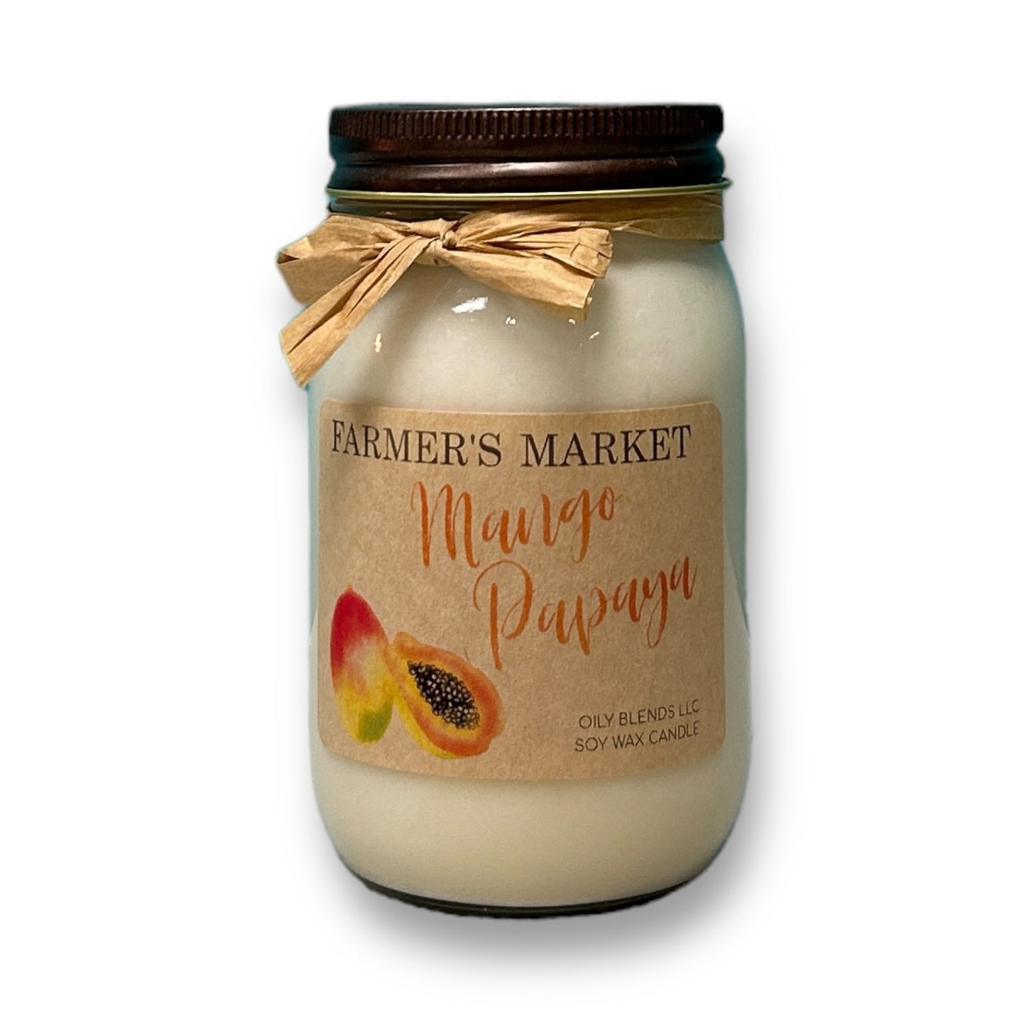 A jar candle labeled Farmer's Market Mango Papaya with a picture of a mango and papaya, indicating the scent of the candle.