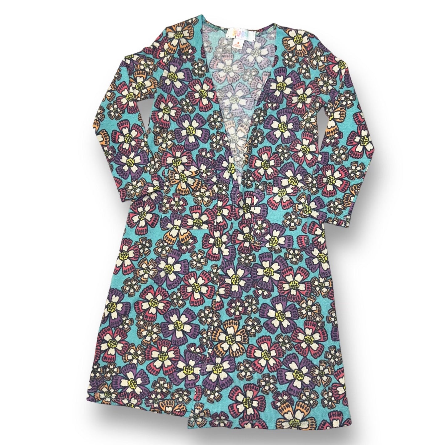 Girls Size 4 Sweater Blue Pink Purple Colorful Flowers Full Length Maxi Cardigan