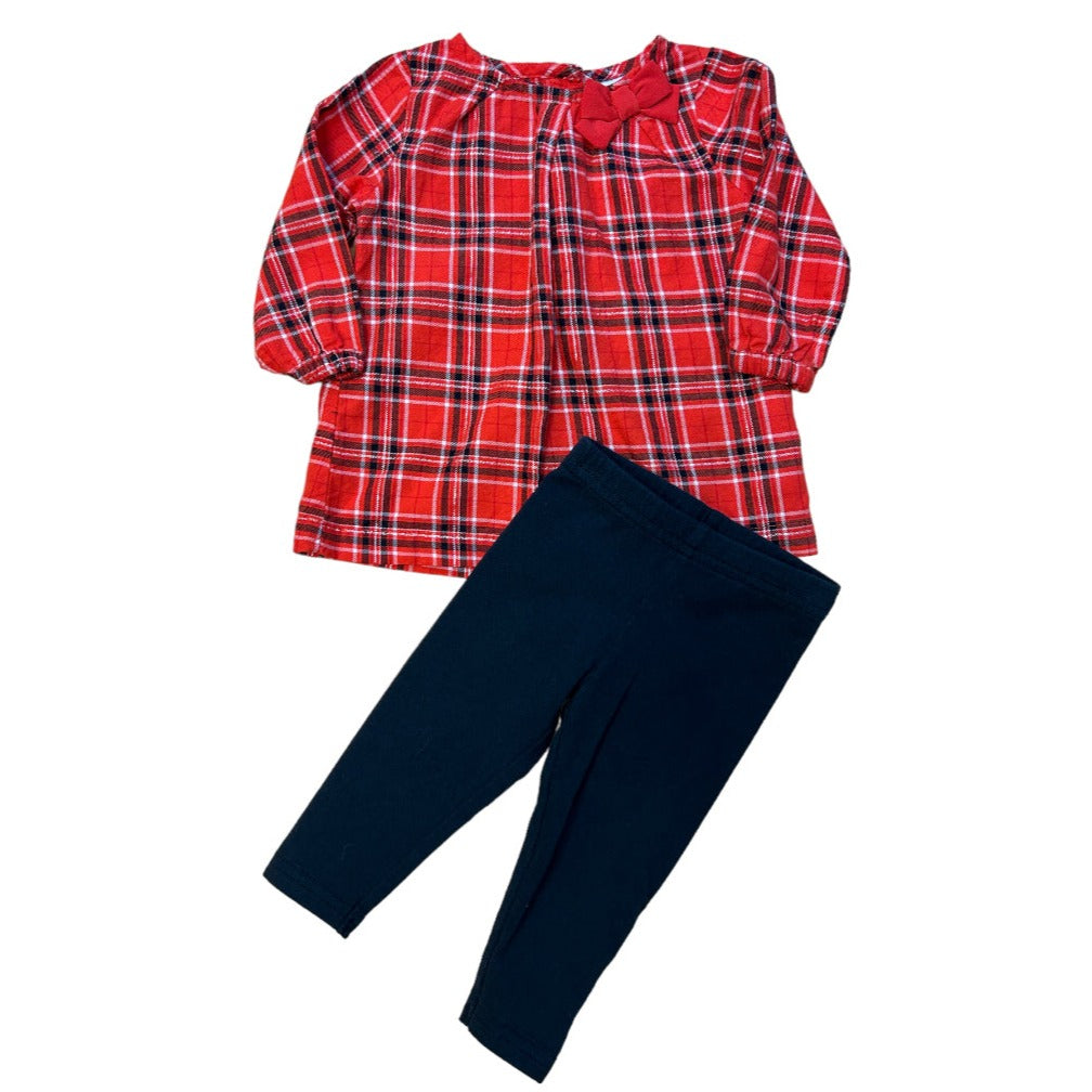 Carter's Baby Girl 6 Months Outfit Red Plaid Blouse Navy Leggings 2-Pc Pants Set
