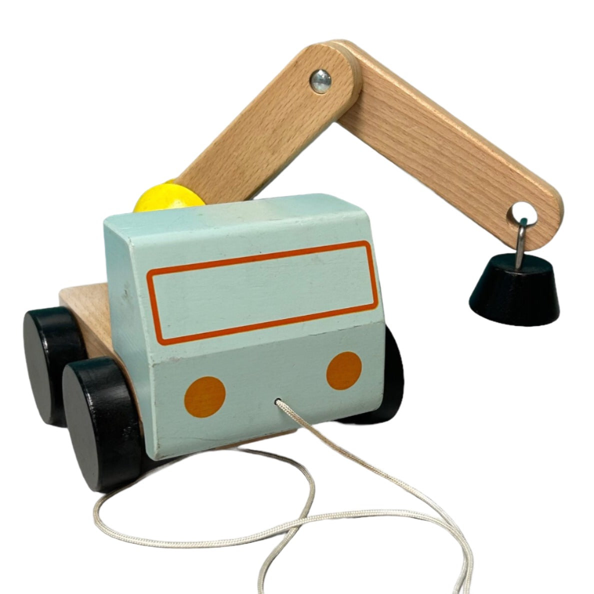 IKEA Magnetic Wooden Crane Pull-Along Toy Truck in blue, beige, and black colors with a metal magnetic arm and wooden body.