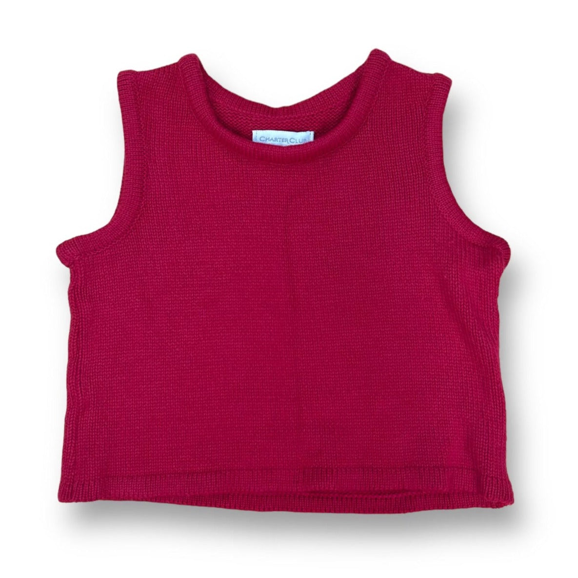 A red sleeveless sweater for girls, with a V-neckline and short sleeves.