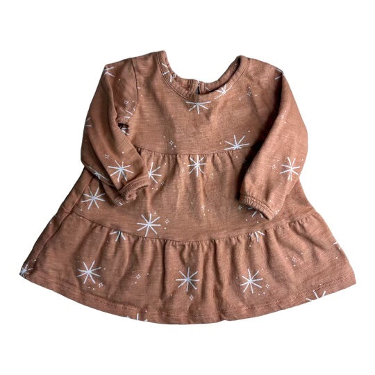 A brown long sleeve ruffle dress for a 3 month old girl by Little Co, featuring star patterns on the fabric.