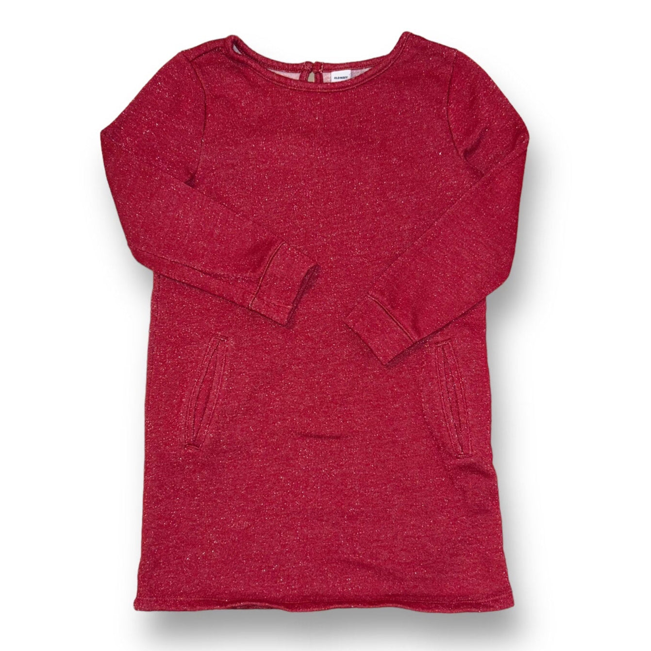 A red shimmer fleece-lined dress for girls, displayed on a mannequin. The dress has long sleeves and a round neckline.