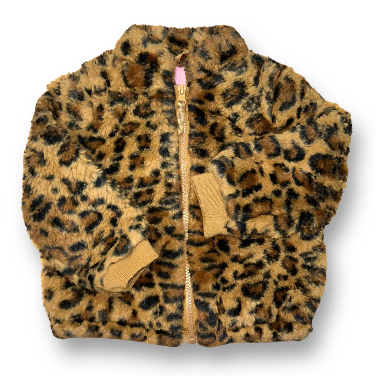 Girls Cat & Jack size 2T brown leopard print faux fur coat, showing front view with a zipper.