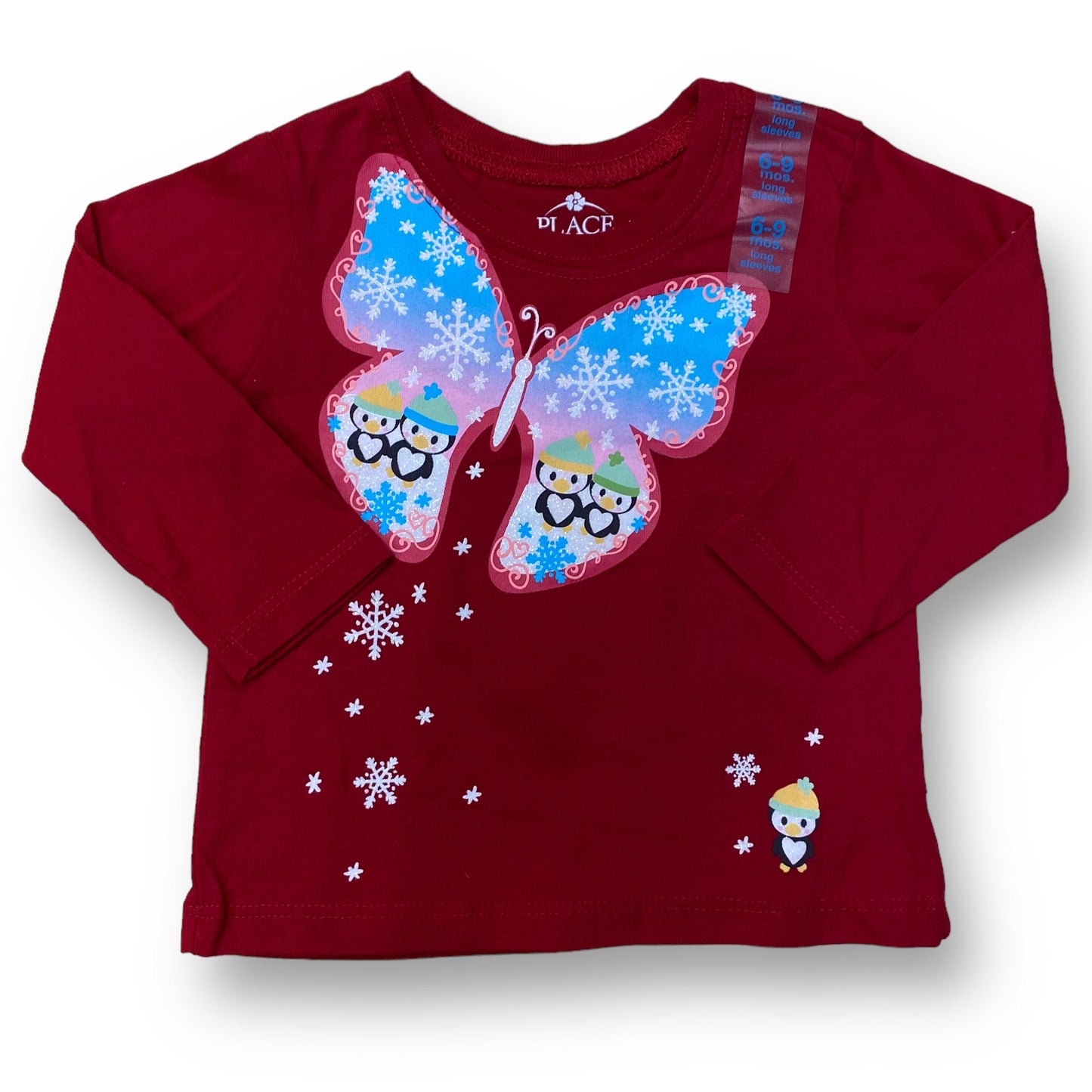NEW! Children's Place Baby Girl 6-9 Months Red Long Sleeve Winter Penguin Shirt