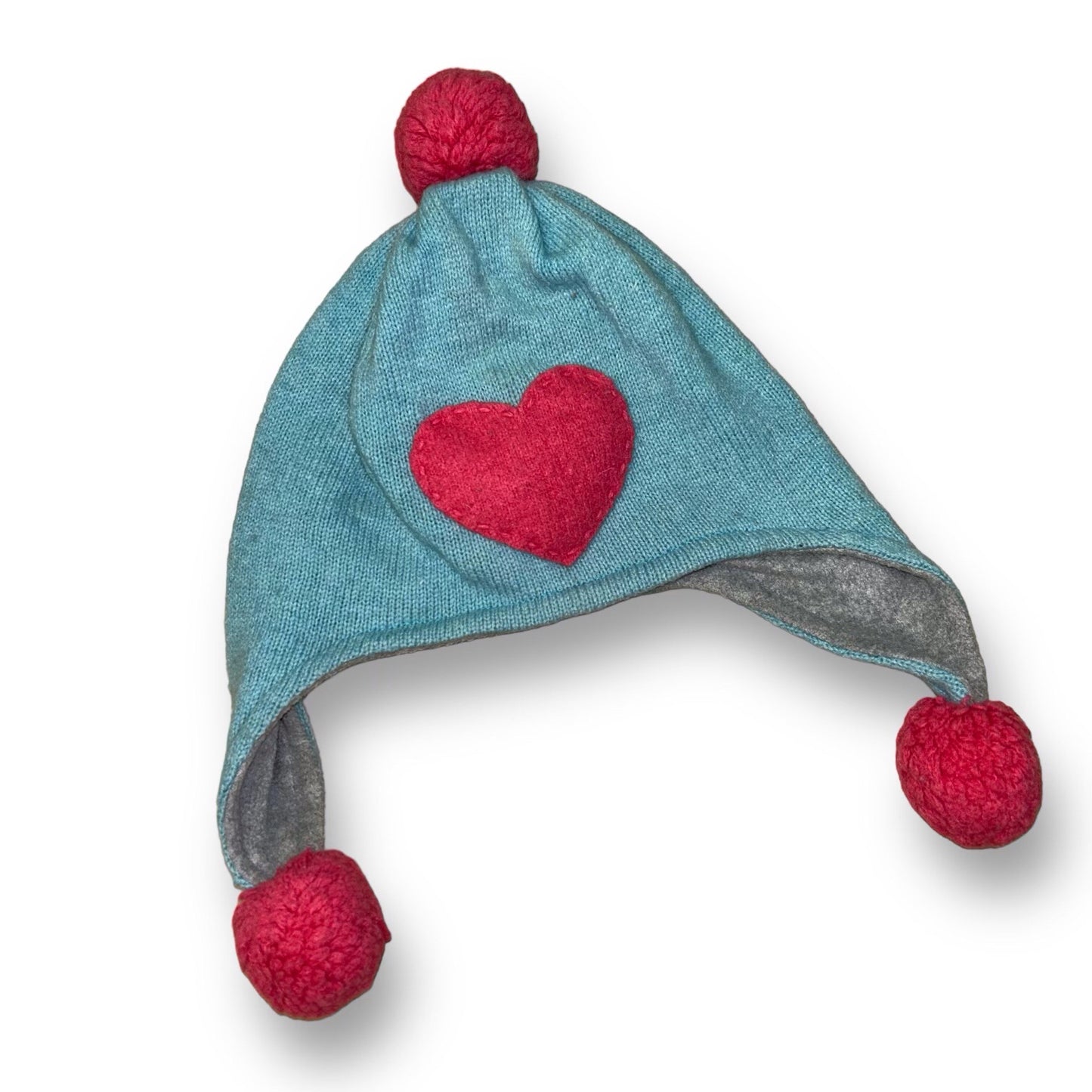 Toddler Girls Pom Beanie Blue and Pink Knit Heart Winter Hat, One Size Fits