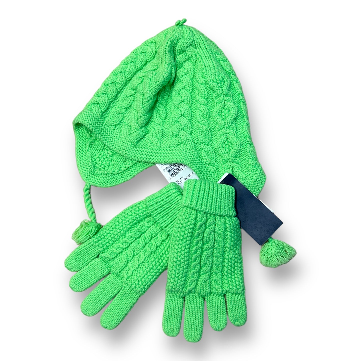 NEW! Girls Polo Winter Hat and Gloves Size 4-6X Kids Green Cable Knit 2 Pc Set
