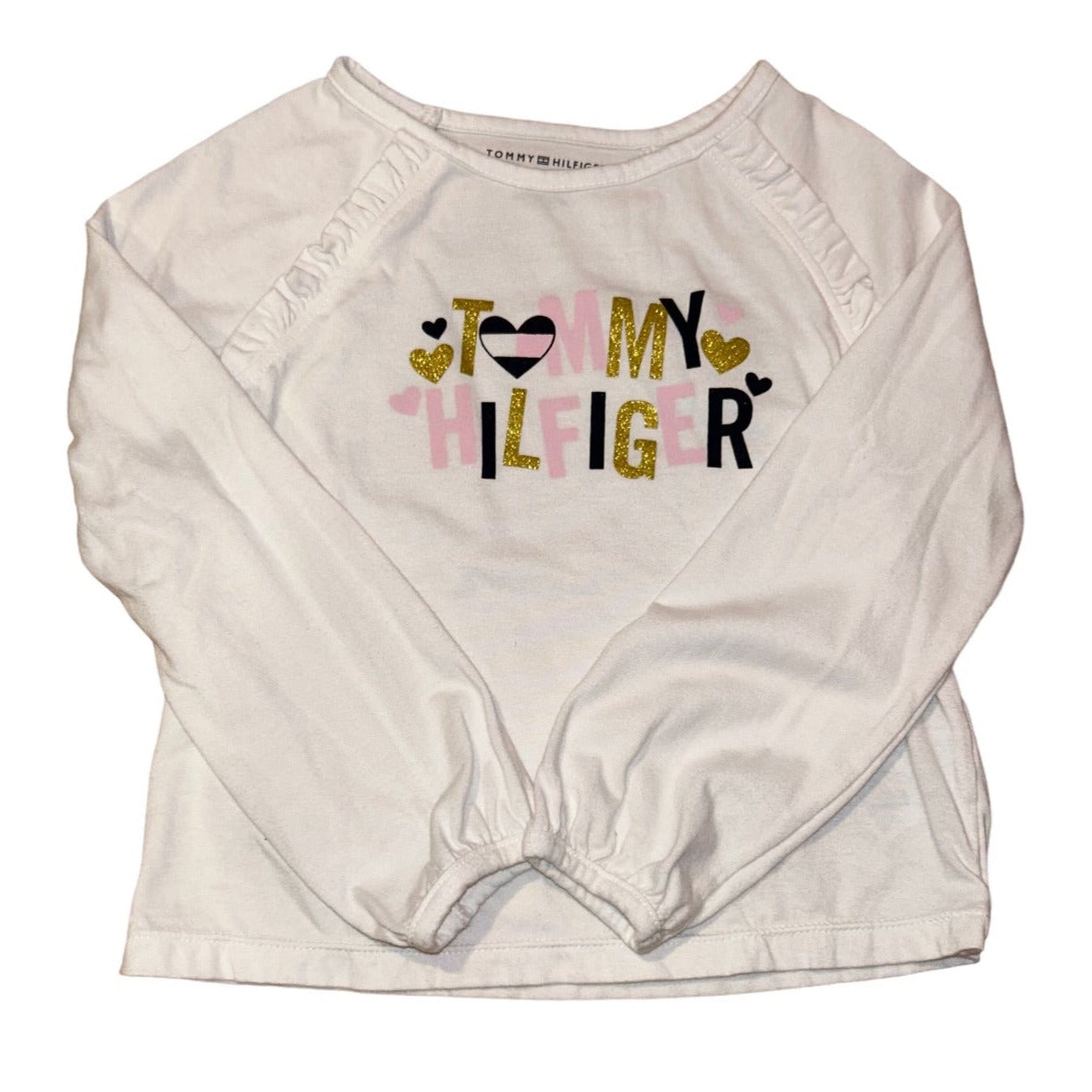 Tommy Hilfiger Girls Size 5 Shimmer Hearts White Long Sleeve Top