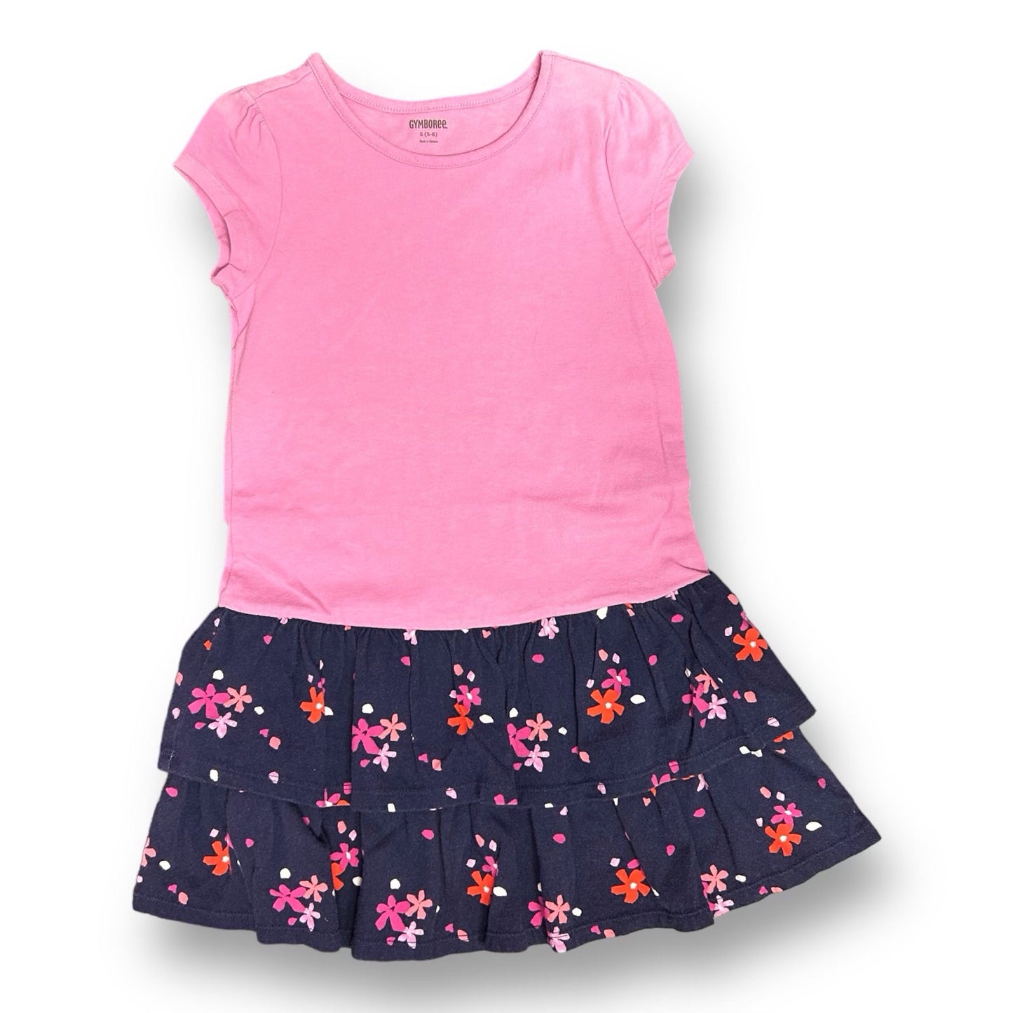 Gymboree Girls Size 5/6 Pink and Navy Cotton Short Sleeve Ruffled Dress