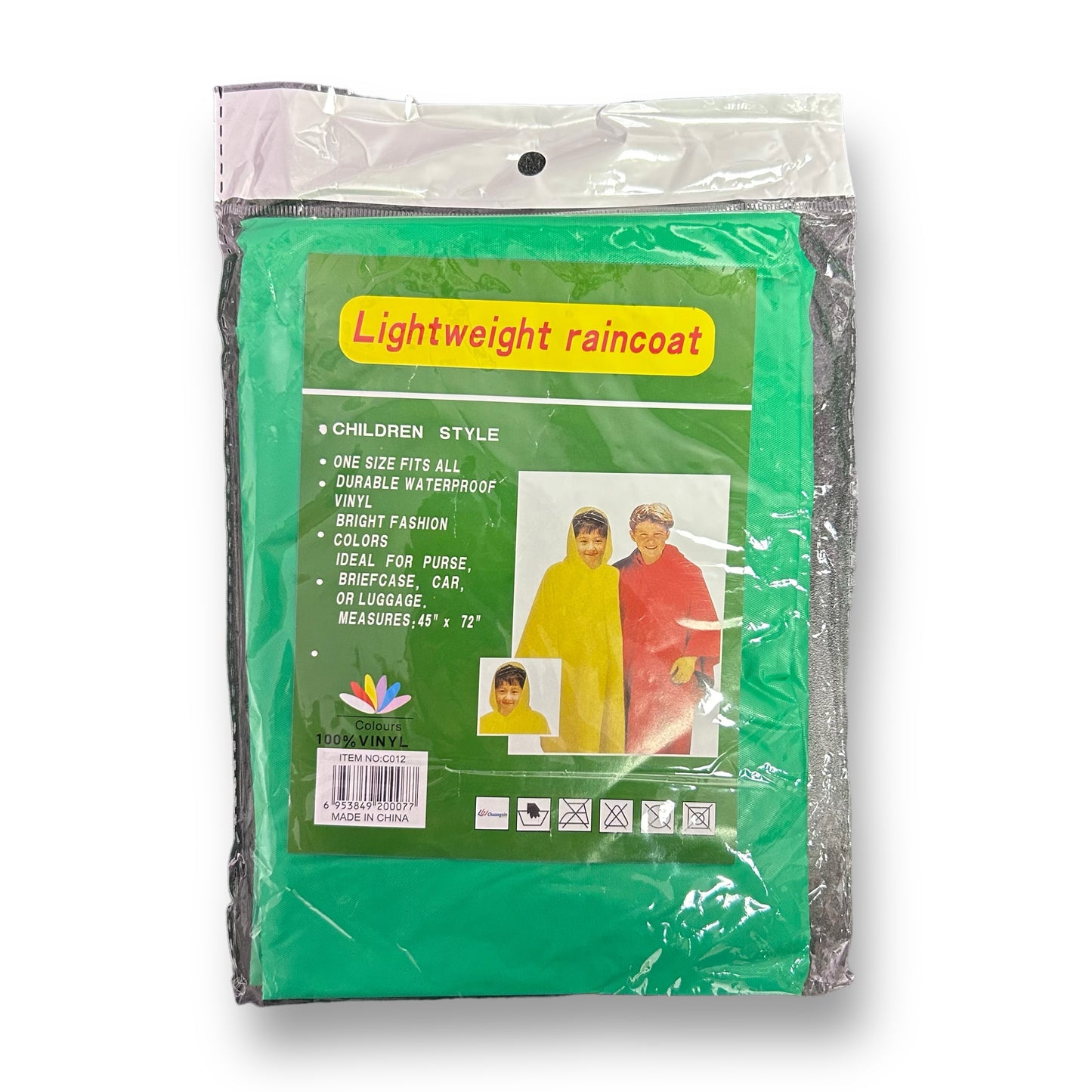 NEW! Kids Poncho Raincoat Universal Fit 100% Vinyl Lightweight, Green