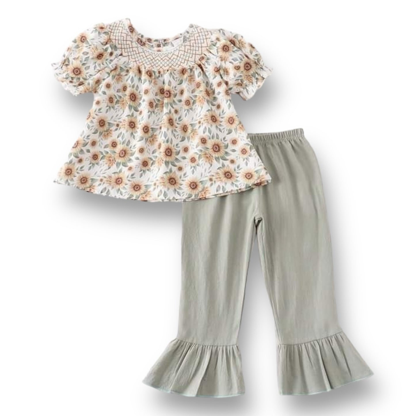 NEW! Girls Size 5 Boutique Outfit Smocked Sunflower Blouse & Sage Ruffle Bottoms