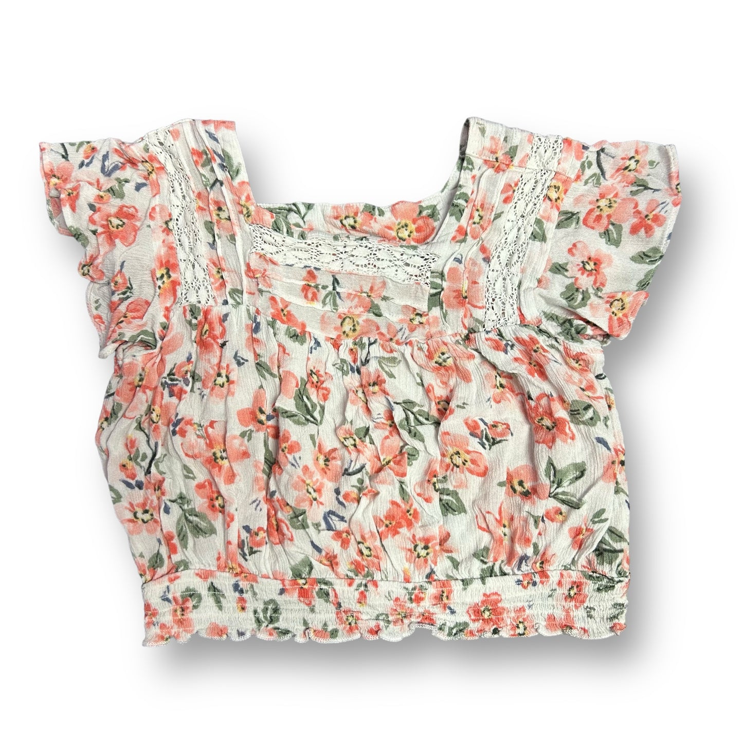 Girls Size 8 Peach Floral Print Flutter Sleeve Cropped Blouse with Lace Trim