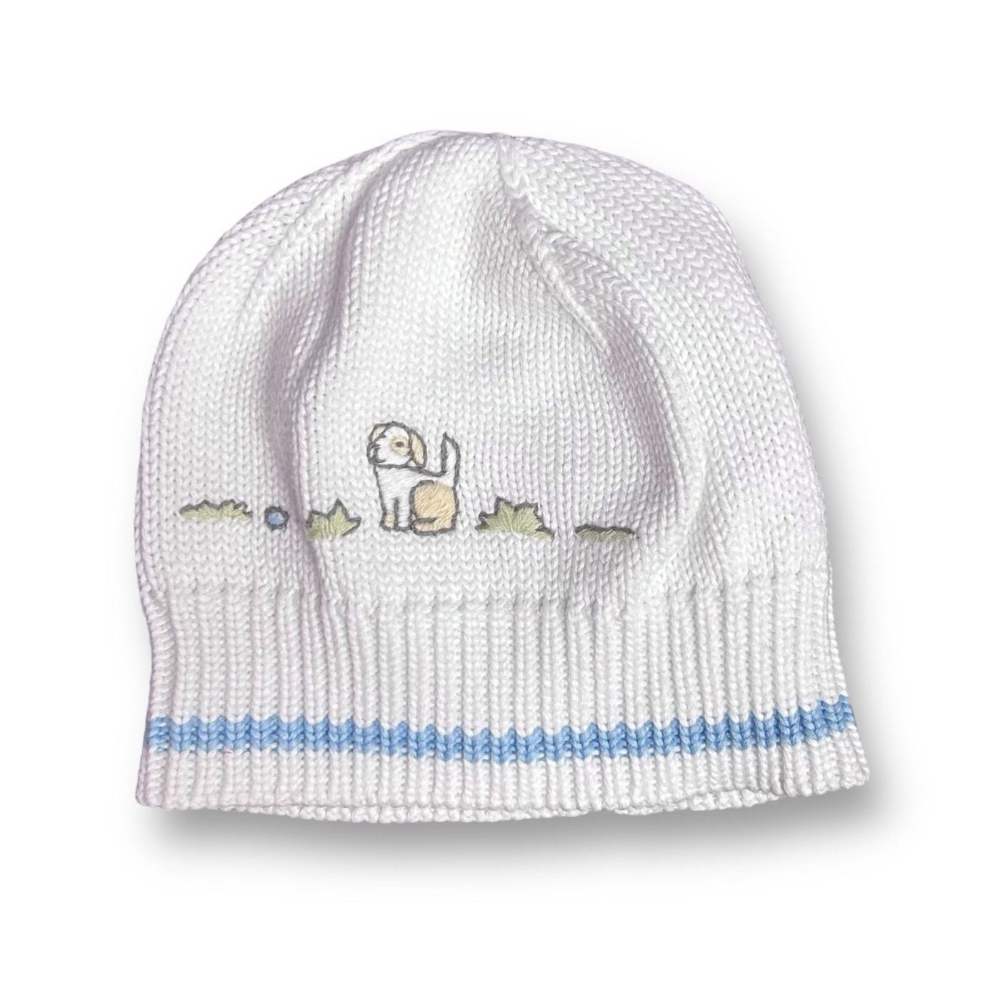 White knit embroidered puppy dog hat for babies, with a blue and white striped trim.
