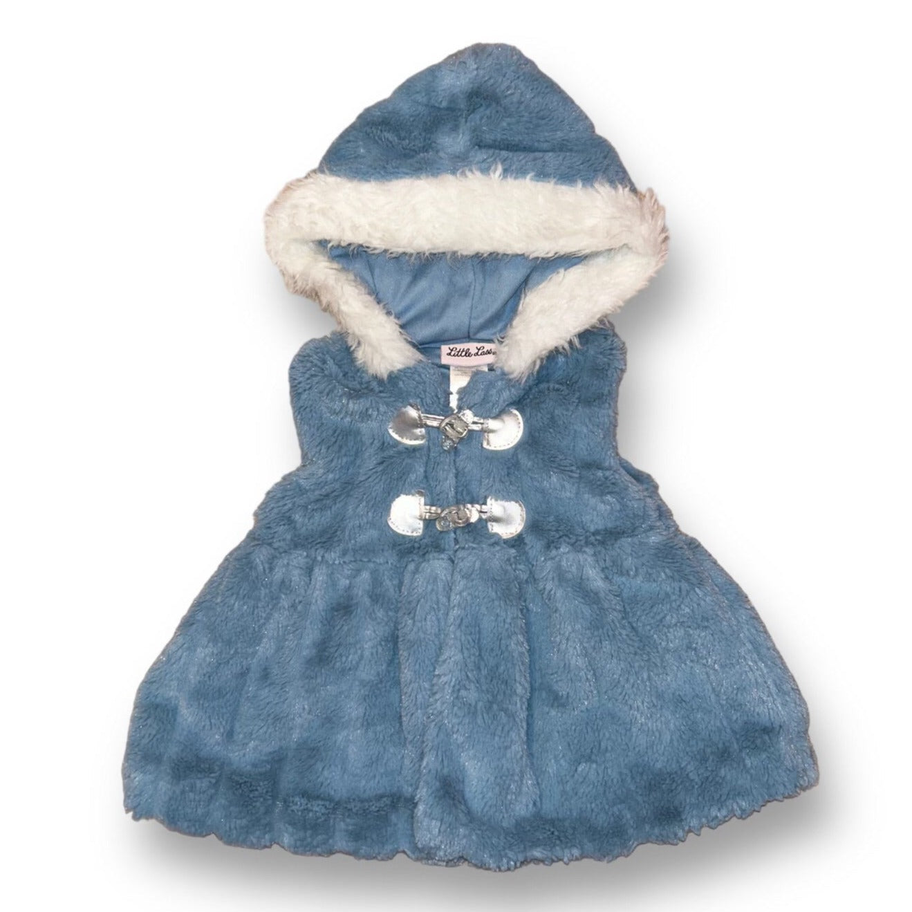 A blue faux fur button hoodie vest for girls, with a white collar and button details.