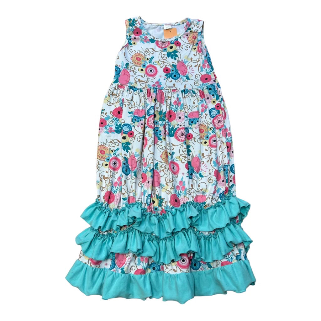 Girls Size 4 Floral Print Sleeveless Boutique Dress with Ruffled Hems