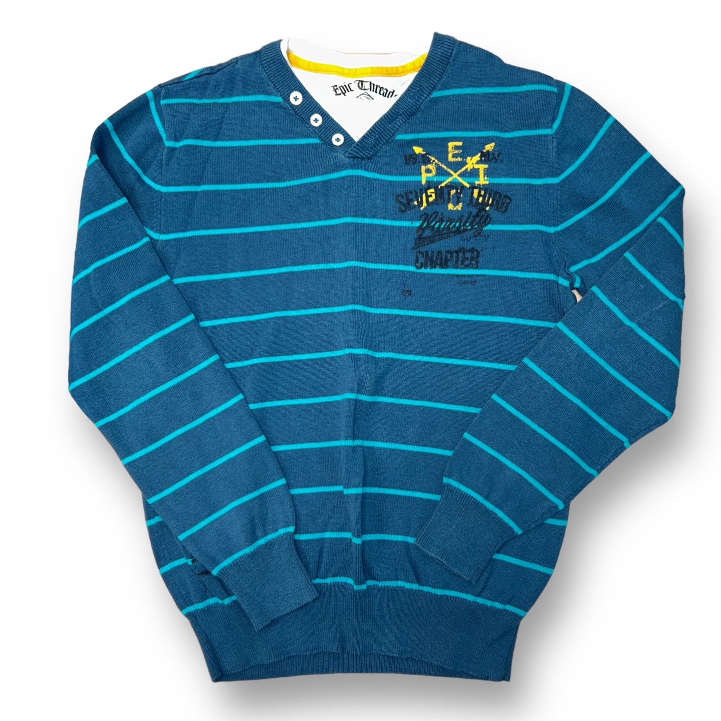 Boys Size 10 Youth Medium Teal Blue Layered Look Button Top V-Neck Sweater