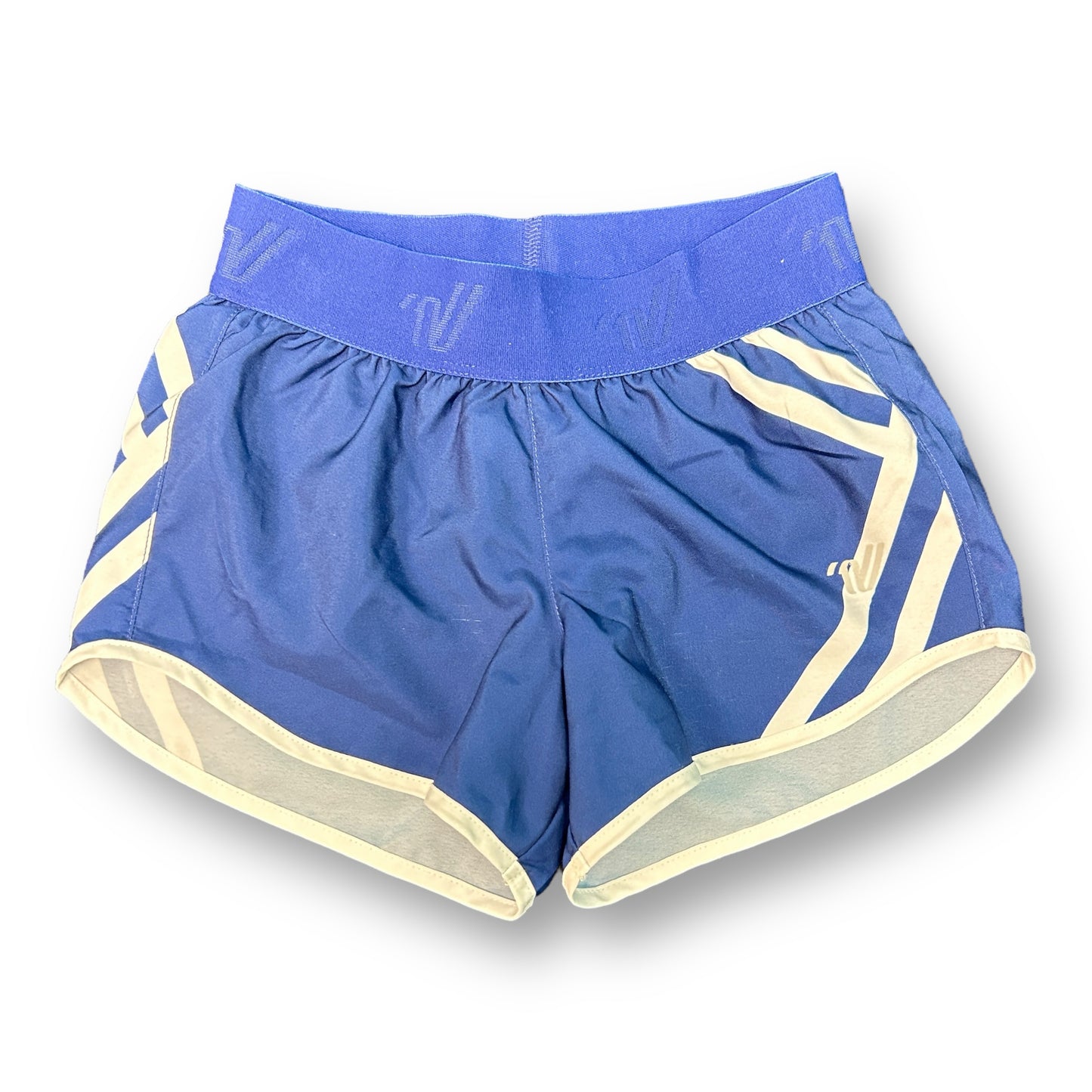 A pair of blue athleticwear shorts with white and yellow accents, designed for girls.