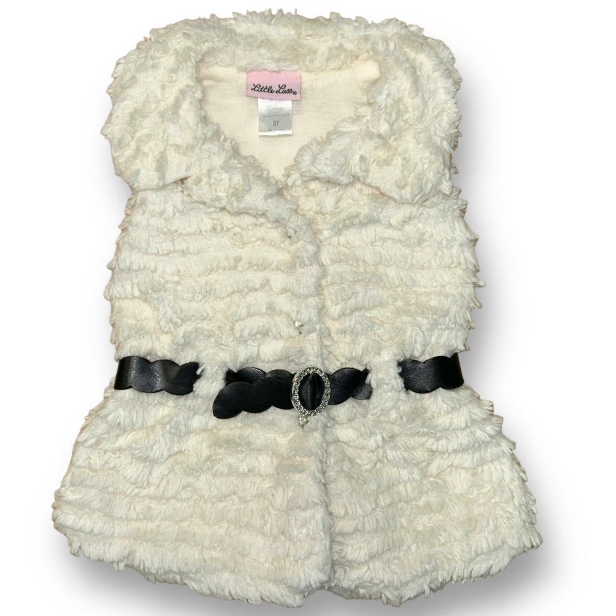Little Lass Toddler Girls Size 3 Ivory Faux Fur Vest with Black Belt
