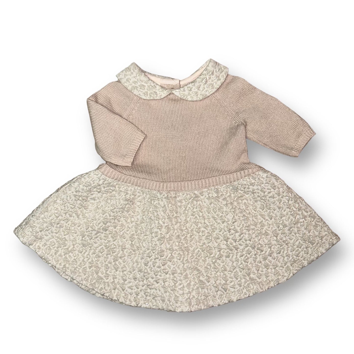 A blush pink shimmer collar sweater dress for girls, suitable for ages 3-6 months, with a flared skirt design.