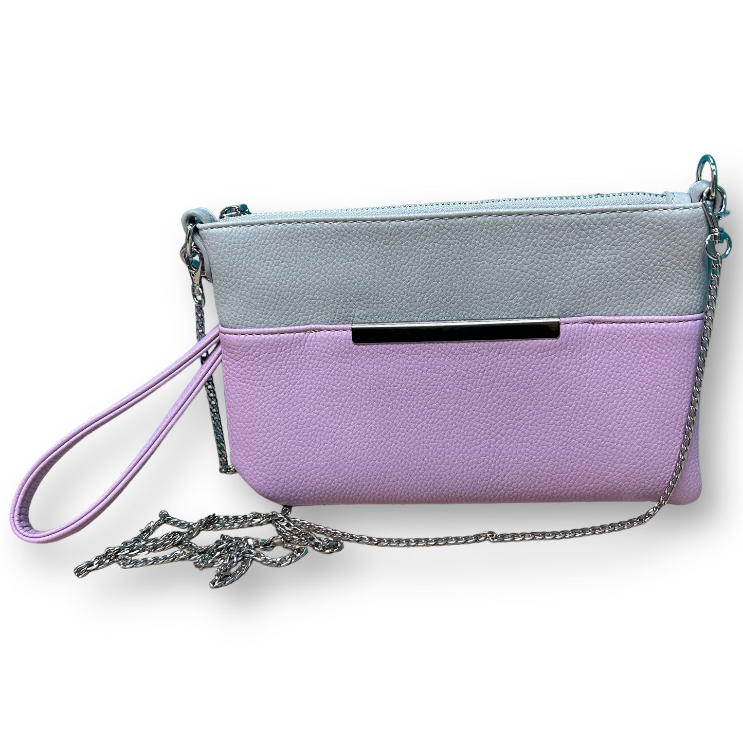 A gray and purple faux leather crossbody purse with a chain strap.