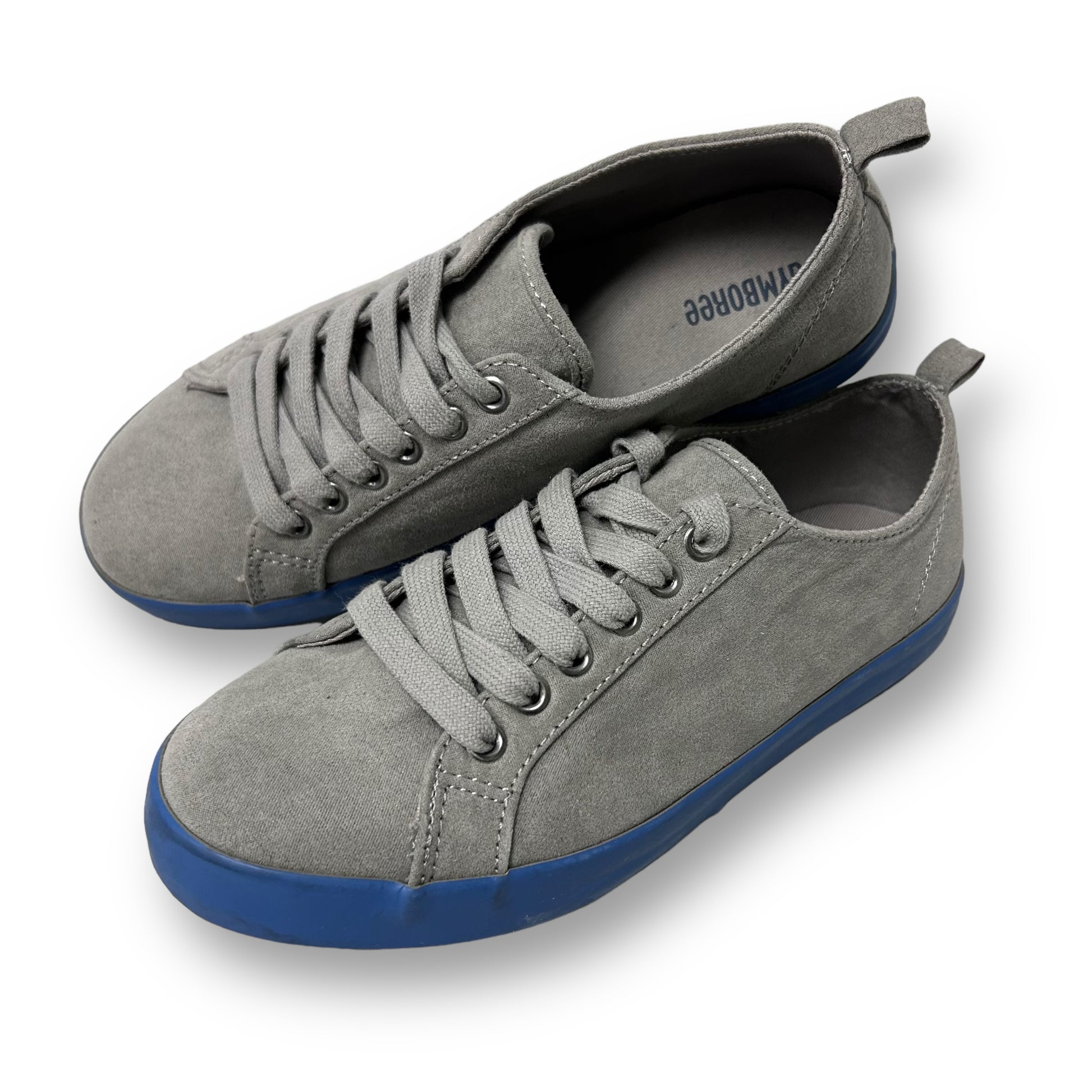A pair of gray Gymboree youth boy size 4 casual sneakers with blue accents.