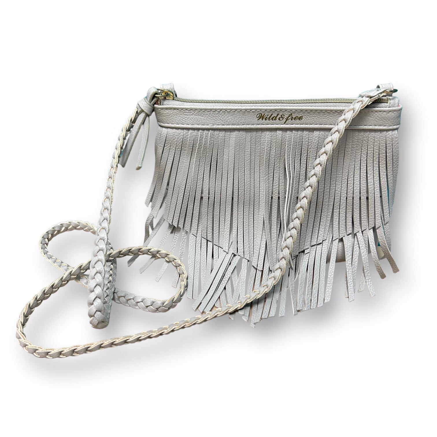 A faux leather fringe shoulder bag with a fringed flap and a braided strap, primarily in a light color.