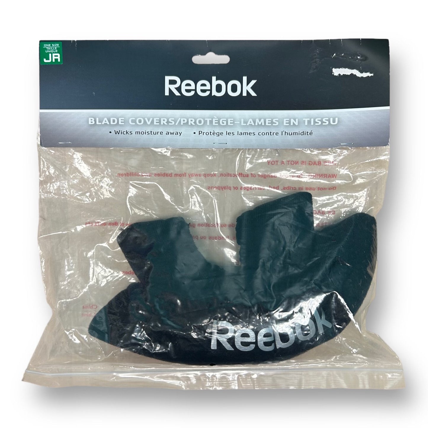 A pair of black Reebok junior ice hockey skate blade covers packaged in a clear plastic bag with the Reebok branding visible.