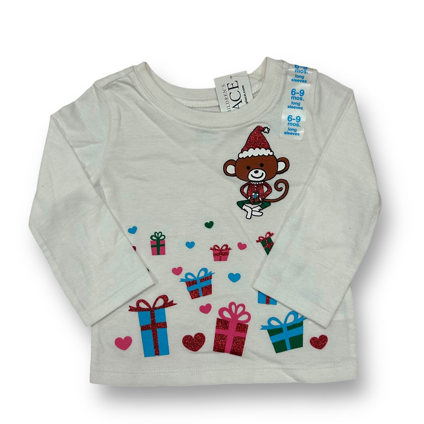 NEW! Girls Children's Place Size 6-9 Months White Christmas Monkey Shirt